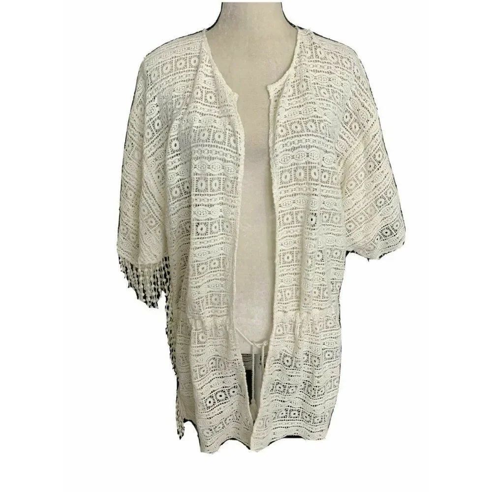 Zara Womens Solid White Lace Short Sleeve Cardiagn Top Small